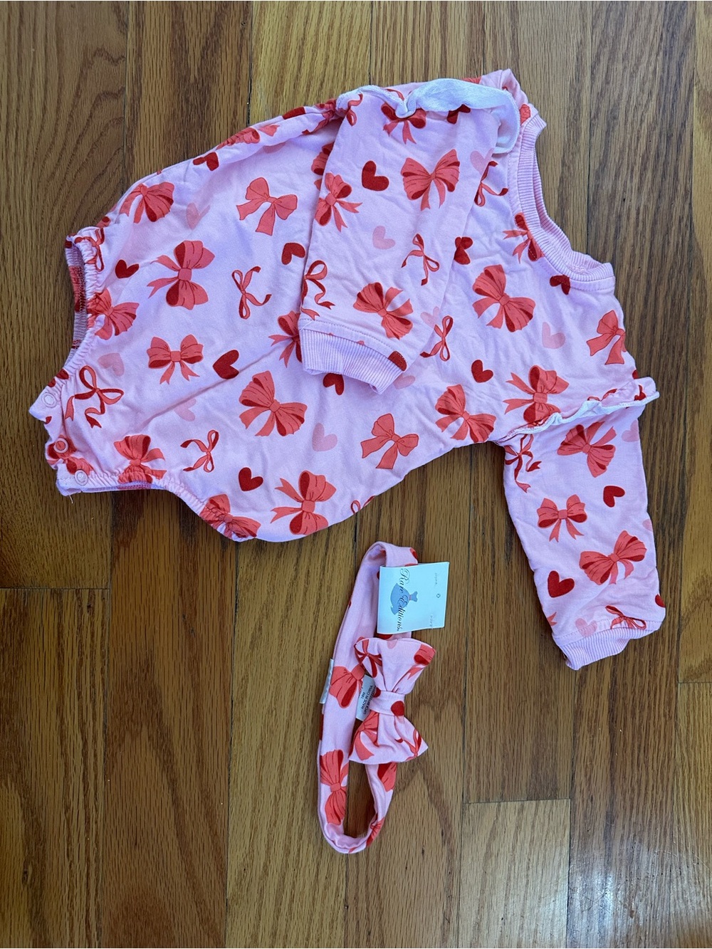Rare Editions Pink Long Sleeve with Red Bow & Heart Print Matching Headband